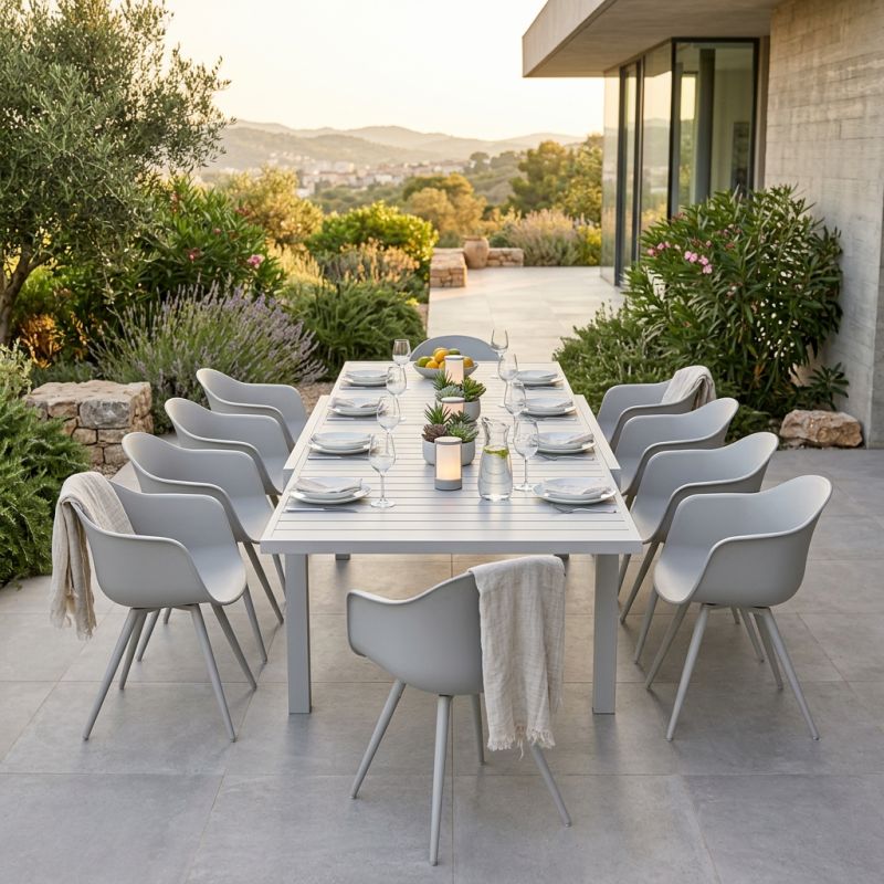 JERRI - set tavolo in alluminio cm 135/270 x 90 x 75 h con 10 Poltrone Dynamo