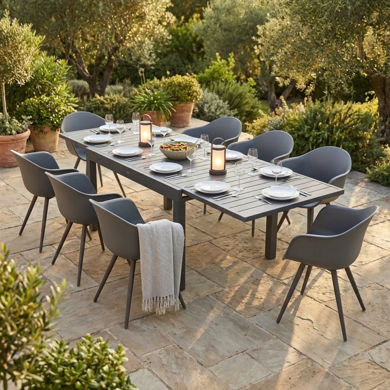 JERRI - set tavolo in alluminio cm 135/270 x 90 x 75 h con 10 Poltrone Dynamo