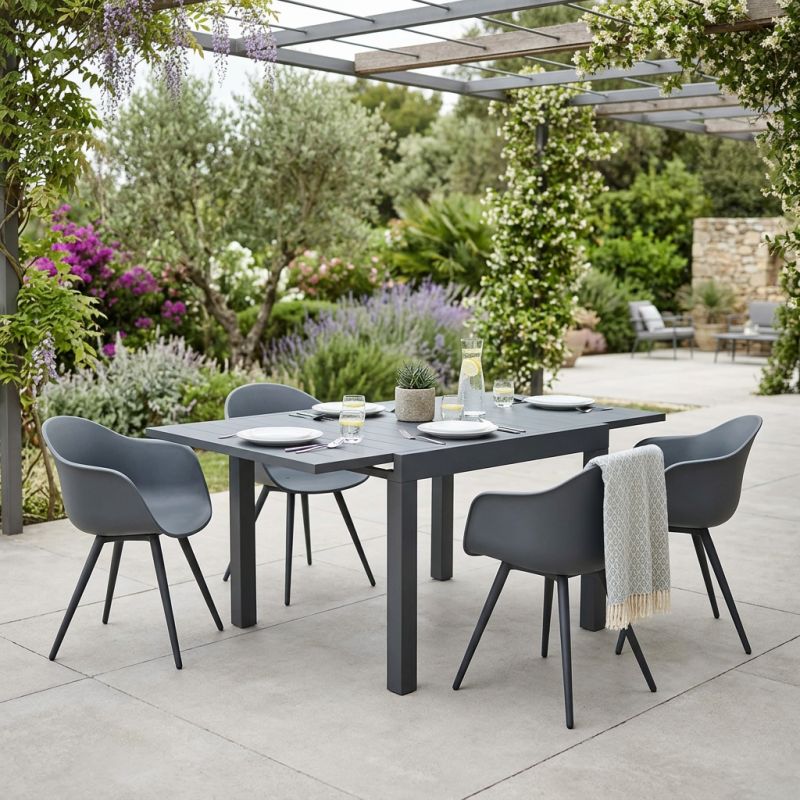 JERRI - set tavolo in alluminio cm 90/180 x 90 x 75 h con 4 Poltrone Dynamo