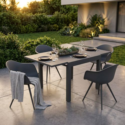 JERRI - set tavolo in alluminio cm 90/180 x 90 x 75 h con 4 Poltrone Dynamo