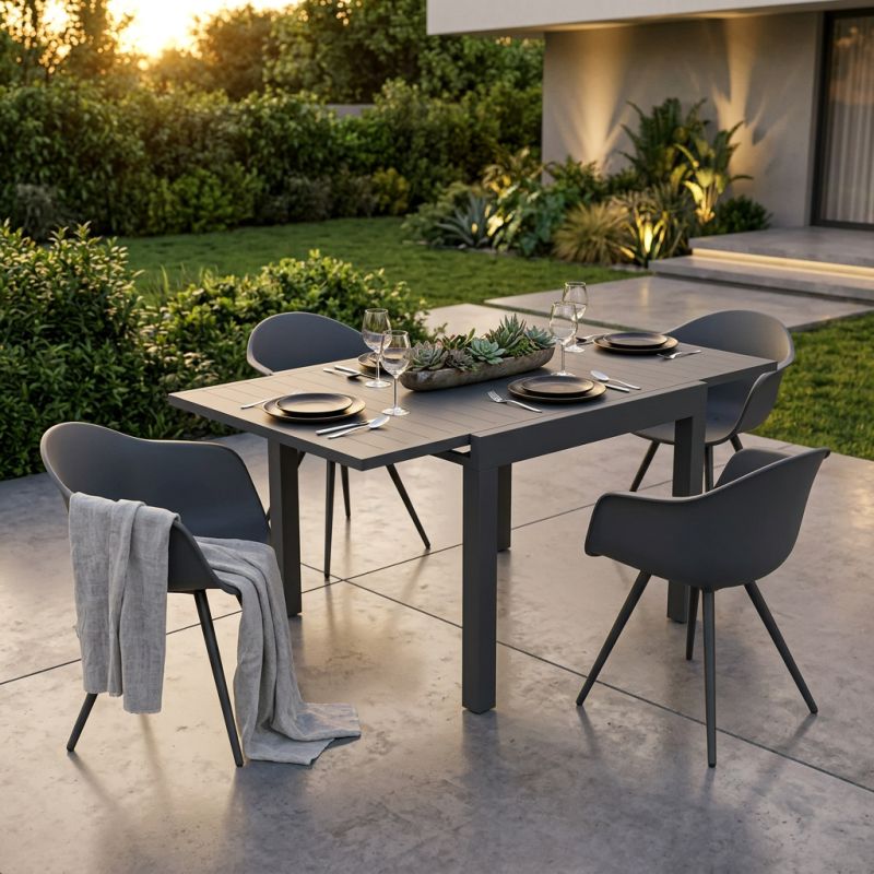 JERRI - set tavolo in alluminio cm 90/180 x 90 x 75 h con 4 Poltrone Dynamo