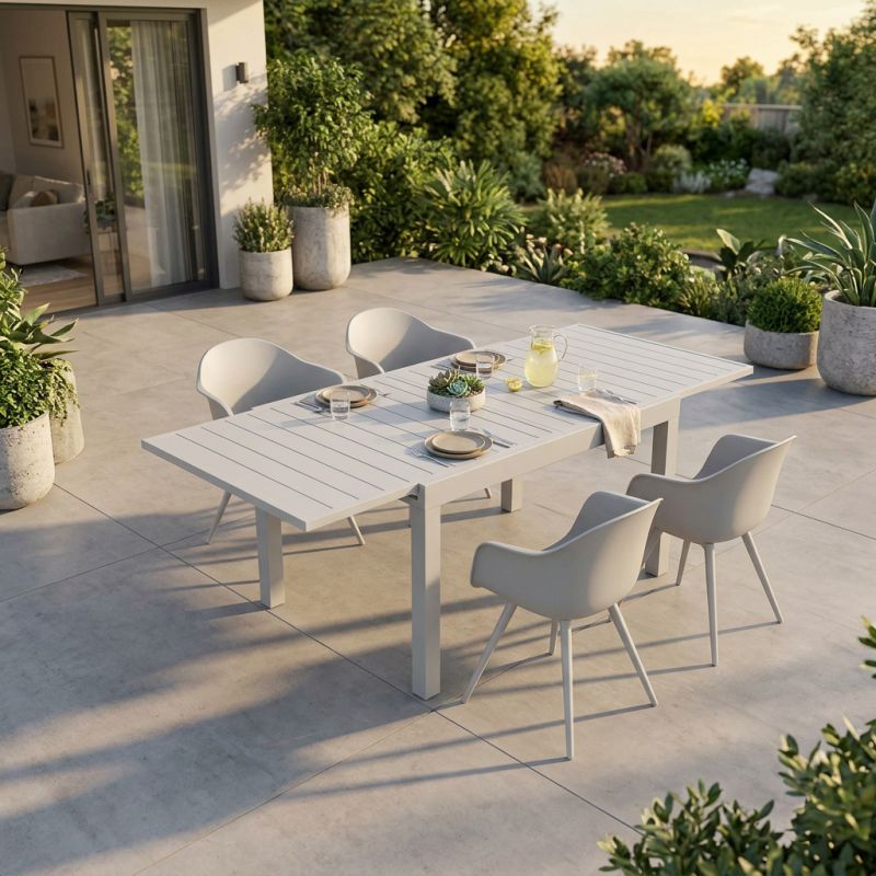 JERRI - set tavolo in alluminio cm 90/180 x 90 x 75 h con 4 Poltrone Dynamo