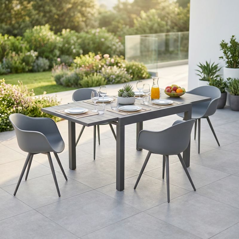 JERRI - set tavolo in alluminio cm 90/180 x 90 x 75 h con 4 Poltrone Dynamo