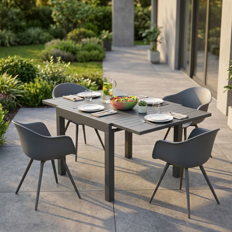 JERRI - set tavolo in alluminio cm 90/180 x 90 x 75 h con 4 Poltrone Dynamo