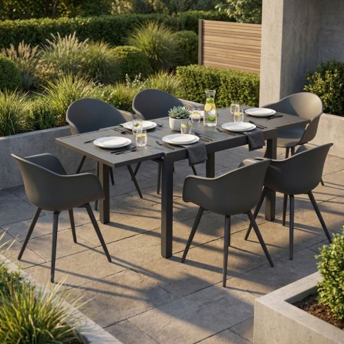 JERRI - set tavolo in alluminio cm 90/180 x 90 x 75 h con 6 Poltrone Dynamo