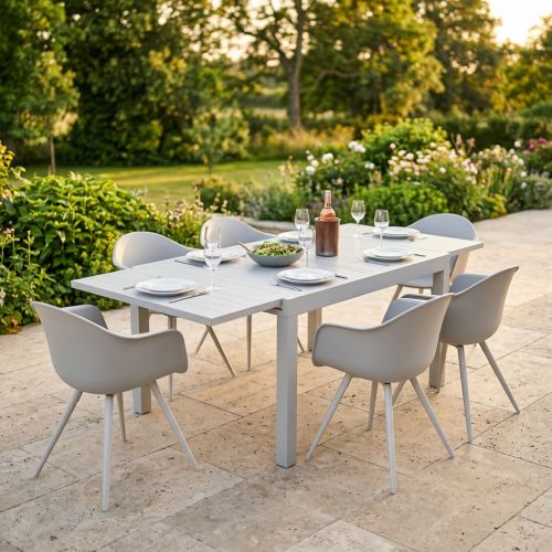 JERRI - set tavolo in alluminio cm 90/180 x 90 x 75 h con 6 Poltrone Dynamo