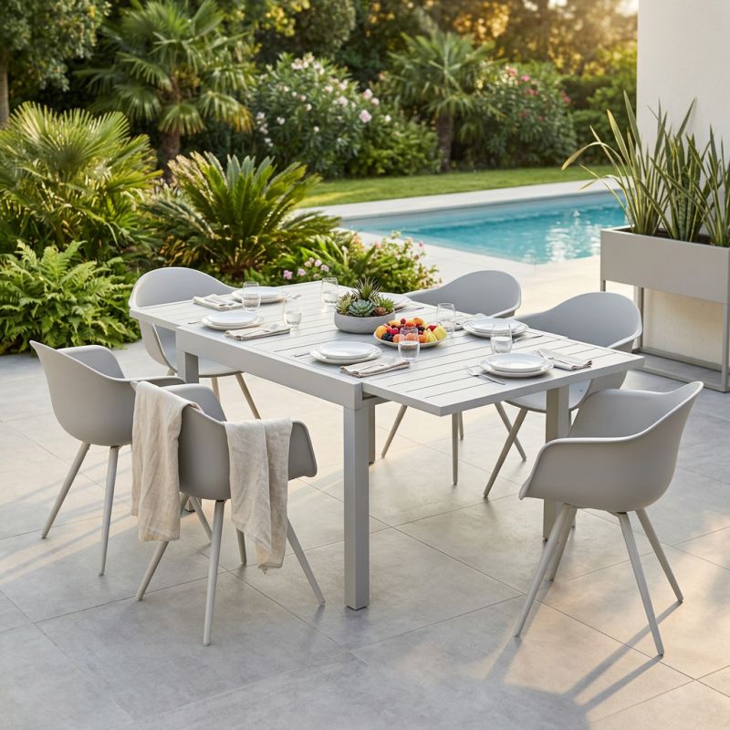 JERRI - set tavolo in alluminio cm 90/180 x 90 x 75 h con 6 Poltrone Dynamo