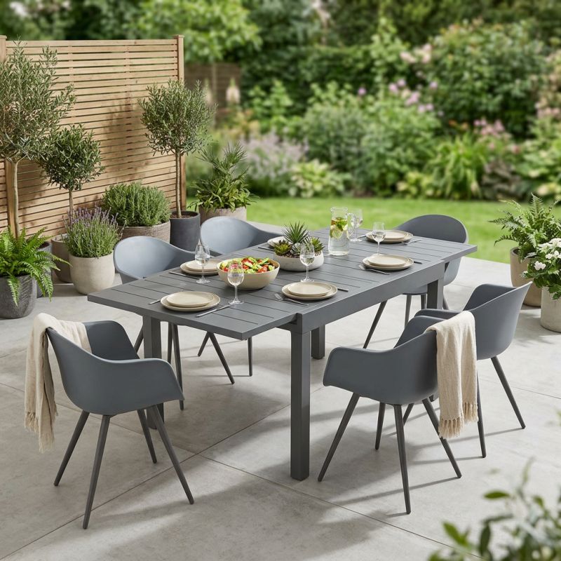 JERRI - set tavolo in alluminio cm 90/180 x 90 x 75 h con 6 Poltrone Dynamo