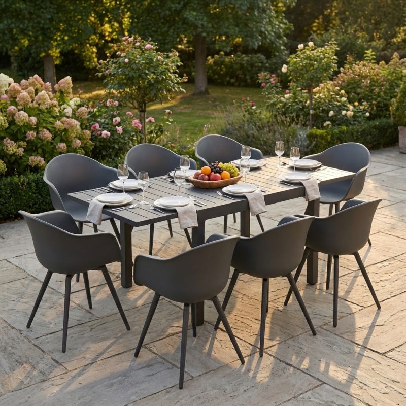 JERRI - set tavolo in alluminio cm 90/180 x 90 x 75 h con 8 Poltrone Dynamo