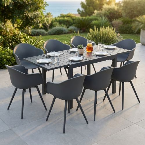 JERRI - set tavolo in alluminio cm 90/180 x 90 x 75 h con 8 Poltrone Dynamo