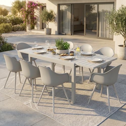 JERRI - set tavolo in alluminio cm 90/180 x 90 x 75 h con 8 Poltrone Dynamo