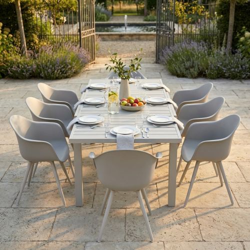 JERRI - set tavolo in alluminio cm 90/180 x 90 x 75 h con 8 Poltrone Dynamo