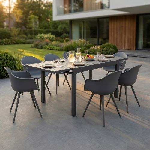 JERRI - set tavolo in alluminio cm 90/180 x 90 x 75 h con 8 Poltrone Dynamo