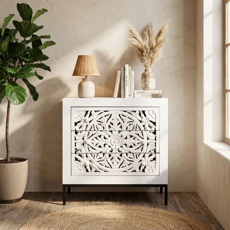 OHM - comò cassettiera con decoro 3 cassetti legno e ferro