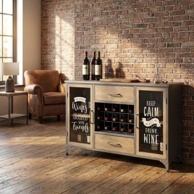 ORLY - madia industrial in acciaio e legno con portabottiglie