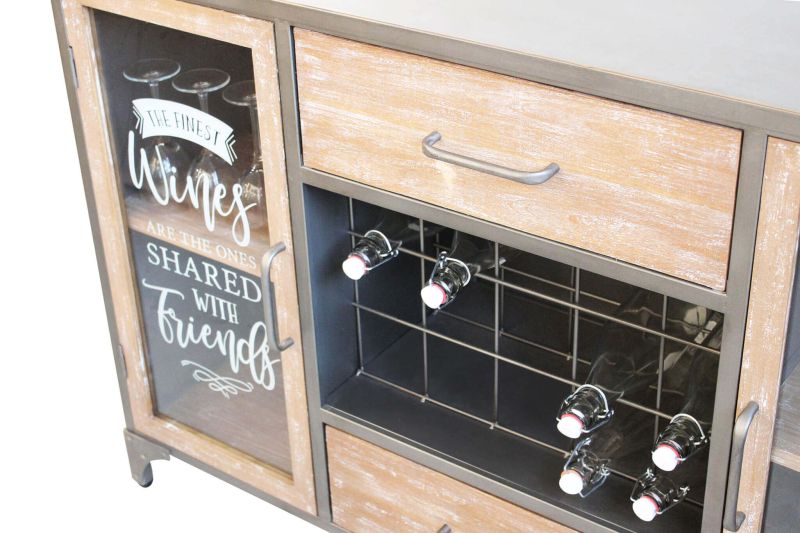 ORLY - madia industrial in acciaio e legno con portabottiglie