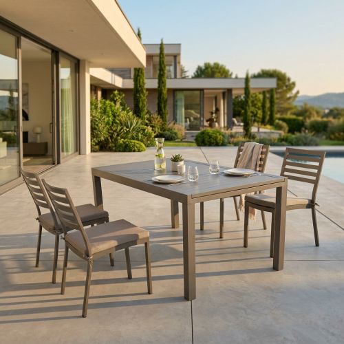 DEXTER - set tavolo in alluminio cm 160/240 x 90 x 75 h con 4 sedie Dexter