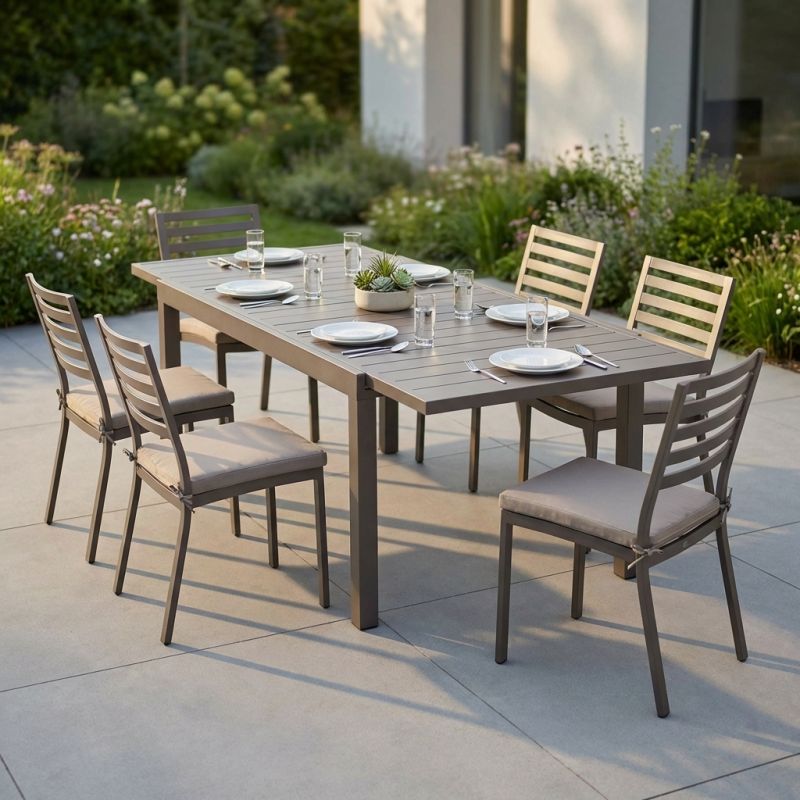 DEXTER - set tavolo in alluminio cm 160/240 x 90 x 75 h con 6 sedie Dexter