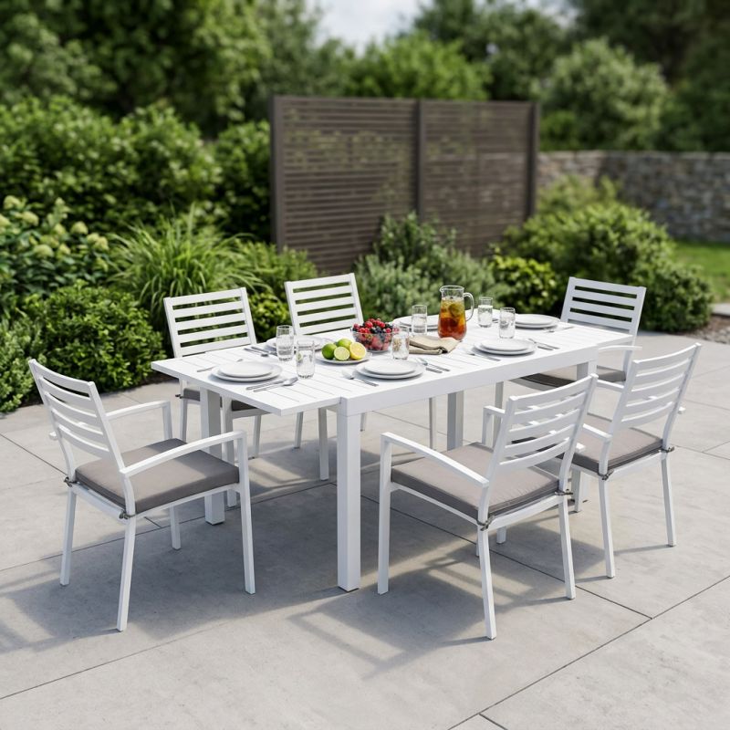 DEXTER - set tavolo in alluminio cm 160/240 x 90 x 75 h con 6 poltrone Dexter