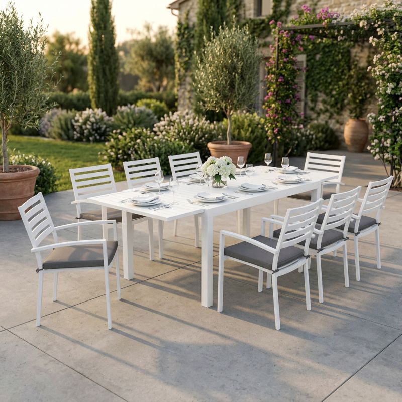 DEXTER - set tavolo in alluminio cm 160/240 x 90 x 75 h con 8 poltrone Dexter