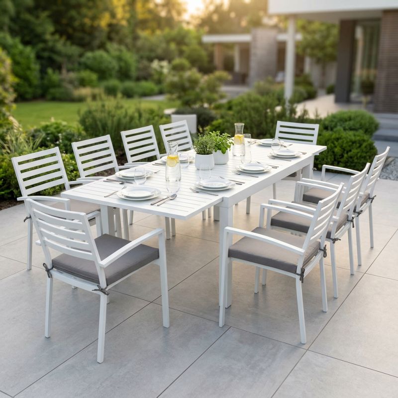 DEXTER - set tavolo in alluminio cm 160/240 x 90 x 75 h con 8 poltrone Dexter