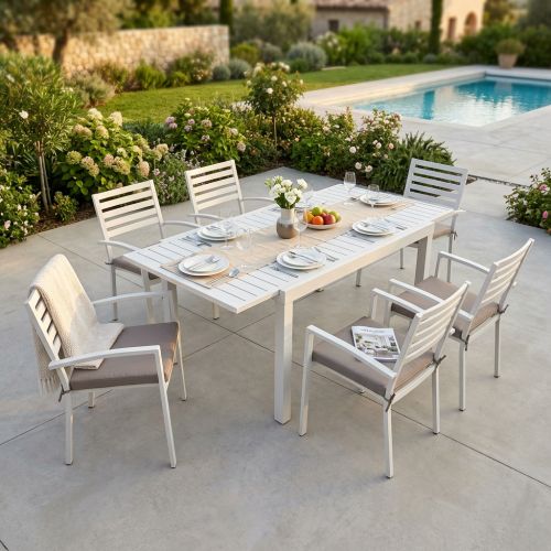 DEXTER - set tavolo in alluminio cm 160/240 x 90 x 75 h con 6 poltrone Dexter