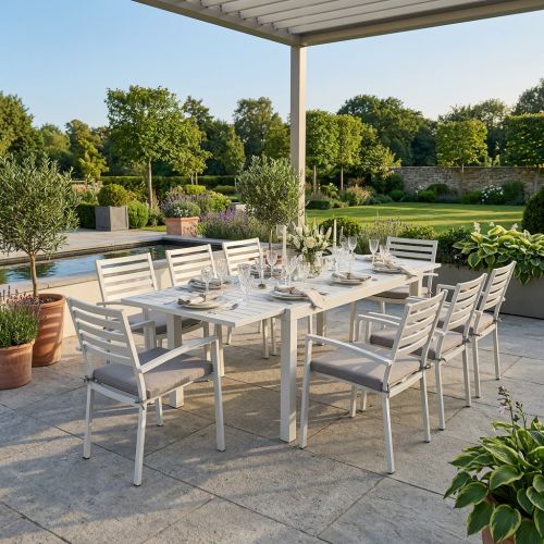 DEXTER - set tavolo in alluminio cm 160/240 x 90 x 75 h con 8 poltrone Dexter