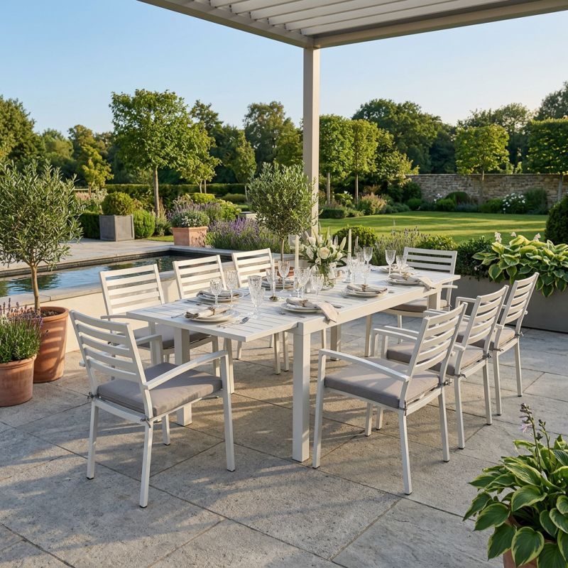 DEXTER - set tavolo in alluminio cm 160/240 x 90 x 75 h con 8 poltrone Dexter