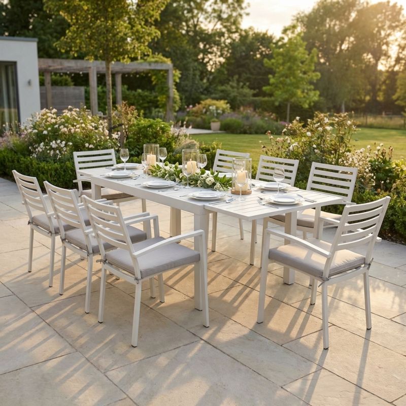 DEXTER - set tavolo in alluminio cm 160/240 x 90 x 75 h con 8 poltrone Dexter