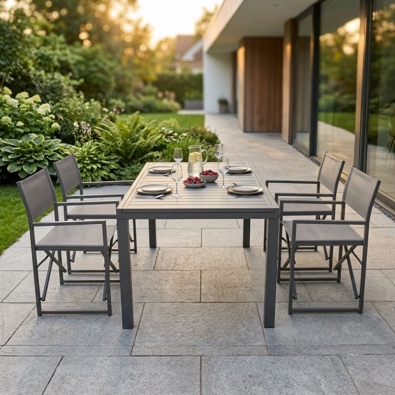 DEXTER - set tavolo in alluminio cm 160/240 x 90 x 75 h con 4 poltrone Carpenter