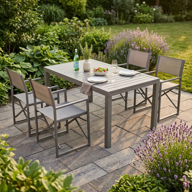 DEXTER - set tavolo in alluminio cm 160/240 x 90 x 75 h con 4 poltrone Carpenter