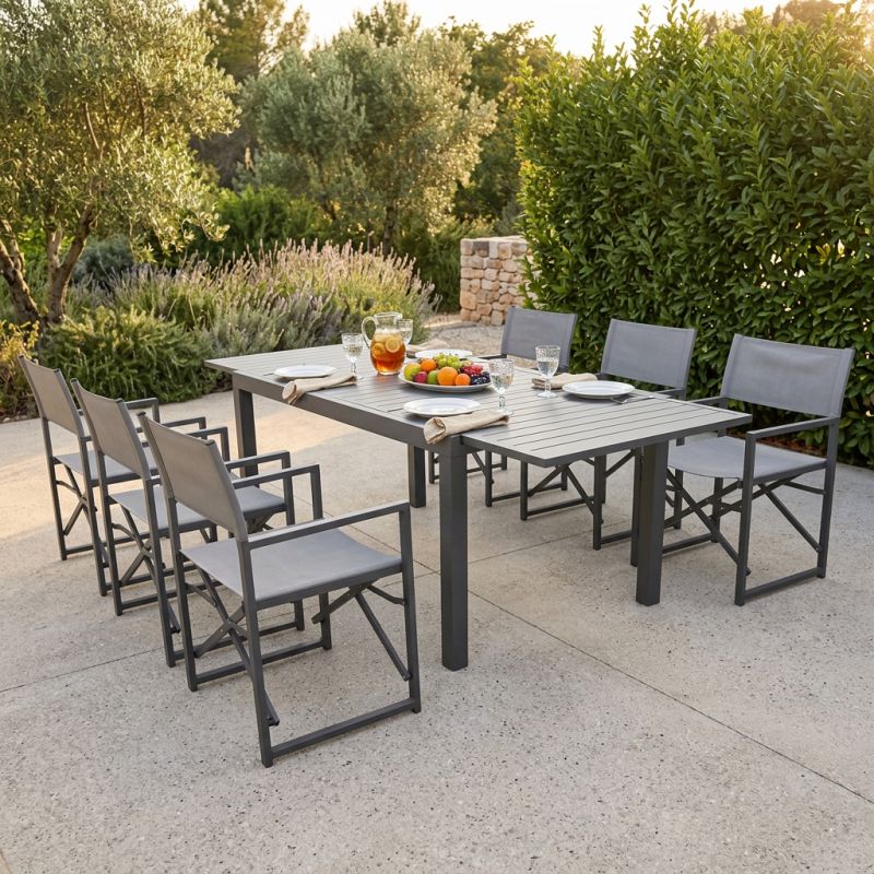 DEXTER - set tavolo in alluminio cm 160/240 x 90 x 75 h con 6 poltrone Carpenter