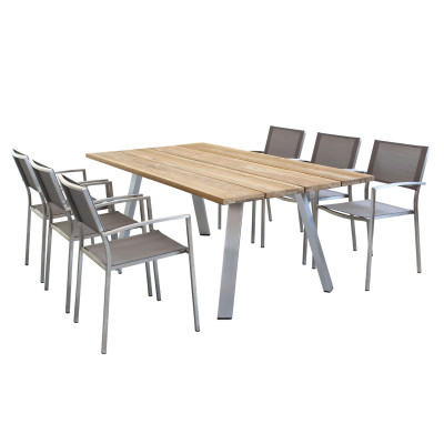 SALTUS - set tavolo in alluminio e teak cm 200 x 100 x 74 h con 6 poltrone Florentia