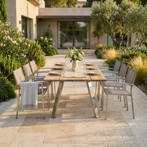 SALTUS - set tavolo in alluminio e teak cm 200 x 100 x 74 h con 6 poltrone Florentia