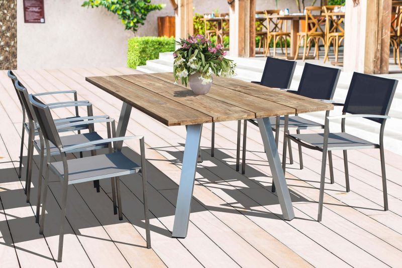 SALTUS - set tavolo in alluminio e teak cm 200 x 100 x 74 h con 6 poltrone Florentia