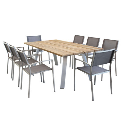 SALTUS - set tavolo in alluminio e teak cm 200 x 100 x 74 h con 8 poltrone Florentia