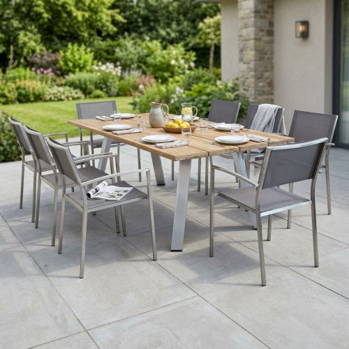 SALTUS - set tavolo in alluminio e teak cm 200 x 100 x 74 h con 8 poltrone Florentia