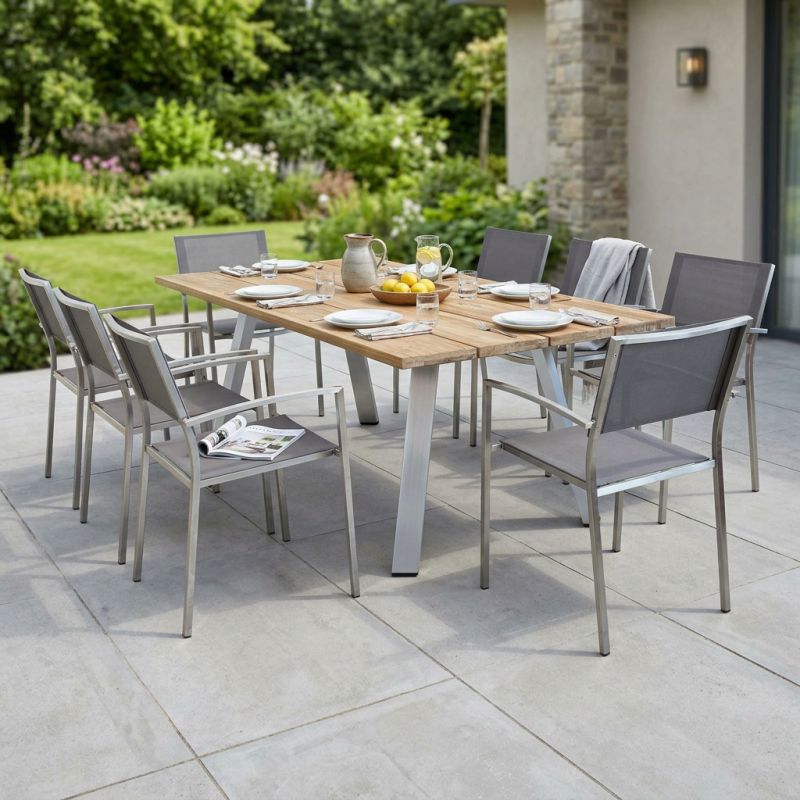 SALTUS - set tavolo in alluminio e teak cm 200 x 100 x 74 h con 8 poltrone Florentia