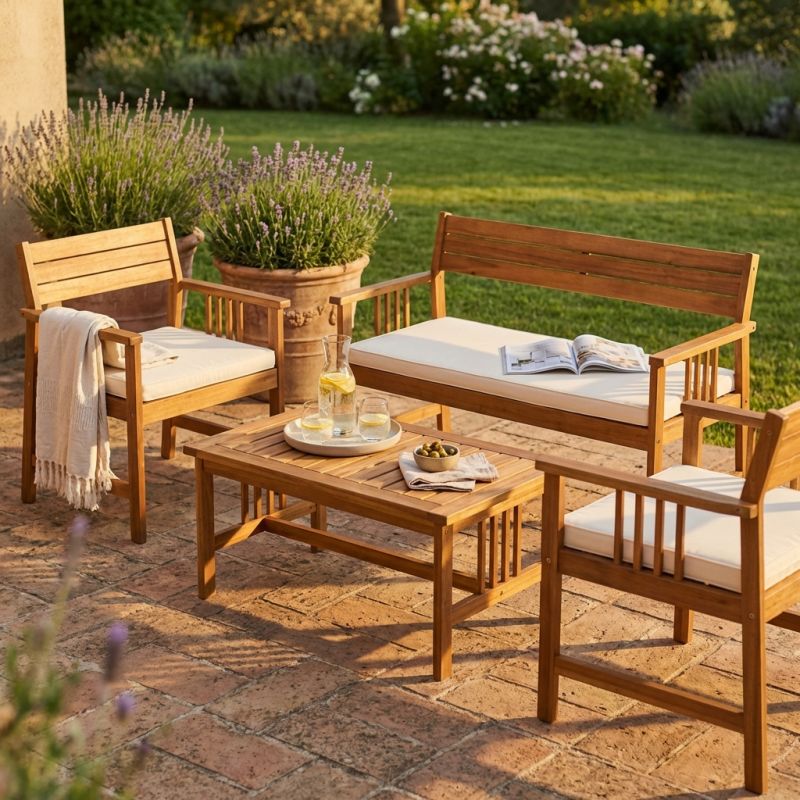 CAESAR - salotto da giardino in legno massiccio di acacia 2 posti completo di cuscini