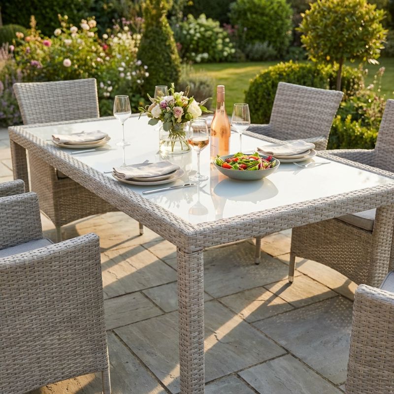 AXONA - tavolo intreccio in rattan sintetico e vetro