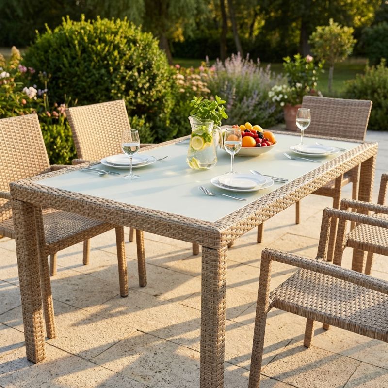 AXONA - tavolo intreccio in rattan sintetico e vetro