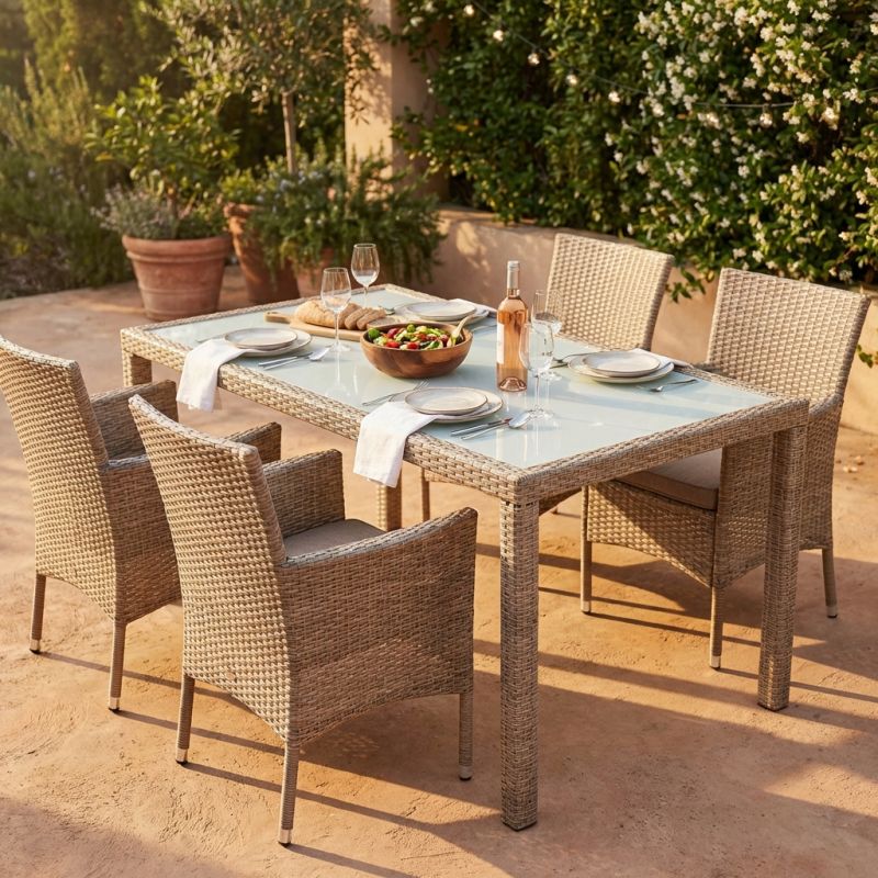 AXONA - tavolo intreccio in rattan sintetico e vetro