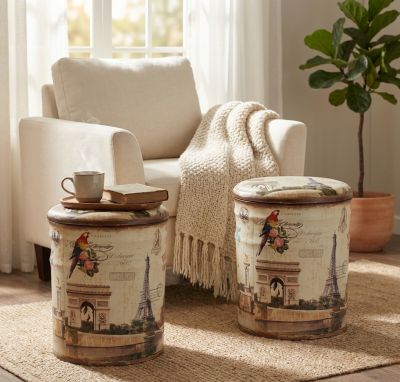 THEO - set di 2 pouf contenitore tondo poggiapiedi