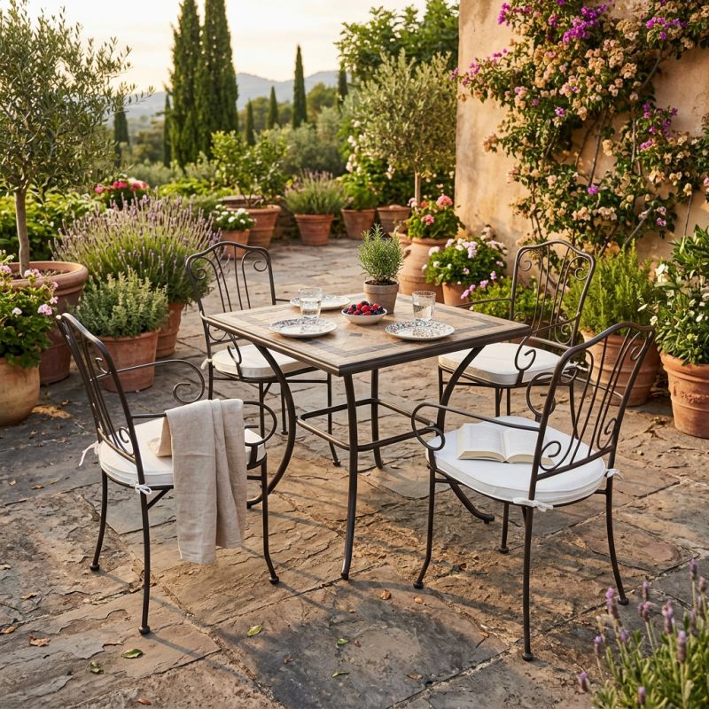 VENTUS - set tavolo in ferro cm 80 x 80 x 74 h con 4 poltrone Ventus