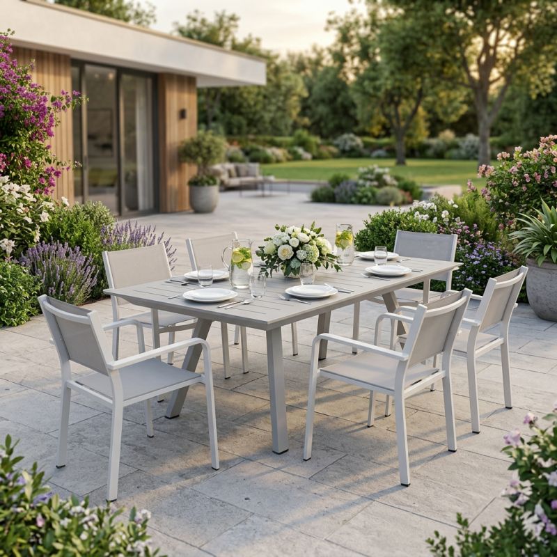 SPLENDOR - set tavolo in alluminio cm 200/300 x 110 x 75 h con 6 poltrone Splendor