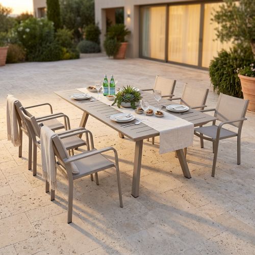 SPLENDOR - set tavolo in alluminio cm 200/300 x 110 x 75 h con 6 poltrone Splendor