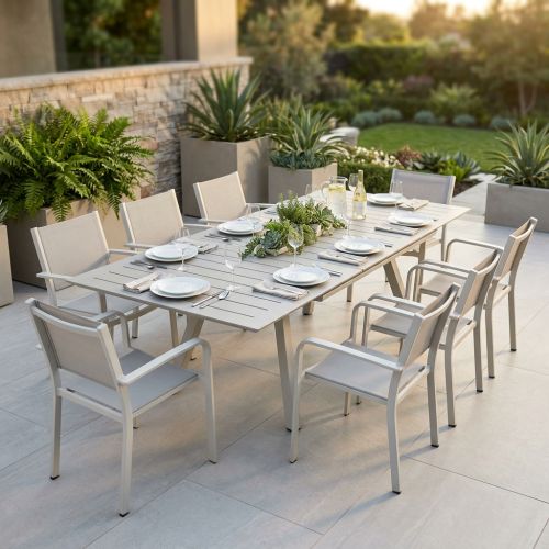 SPLENDOR - set tavolo in alluminio cm 200/300 x 110 x 75 h con 8 poltrone Splendor