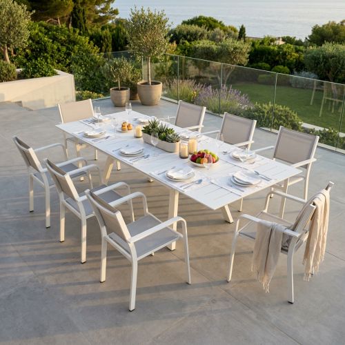 SPLENDOR - set tavolo in alluminio cm 200/300 x 110 x 75 h con 8 poltrone Splendor
