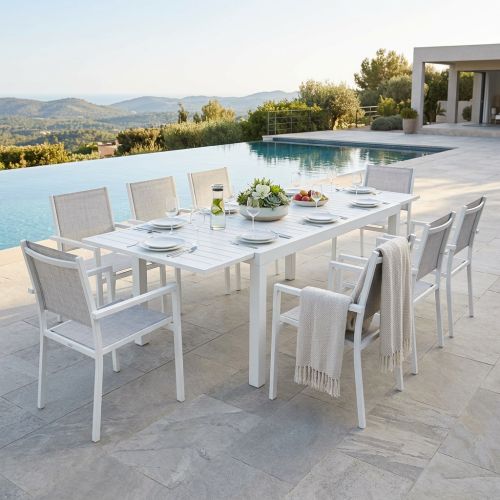 DEXTER - set tavolo in alluminio cm 160/240 x 90 x 75 h con 8 poltrone Venus