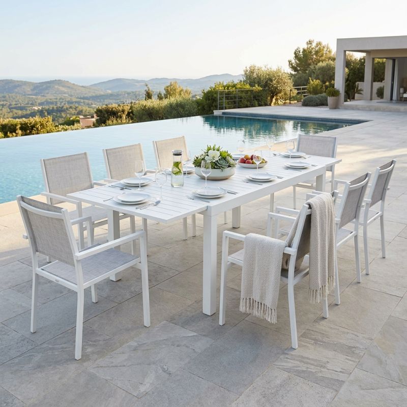 DEXTER - set tavolo in alluminio cm 160/240 x 90 x 75 h con 8 poltrone Venus